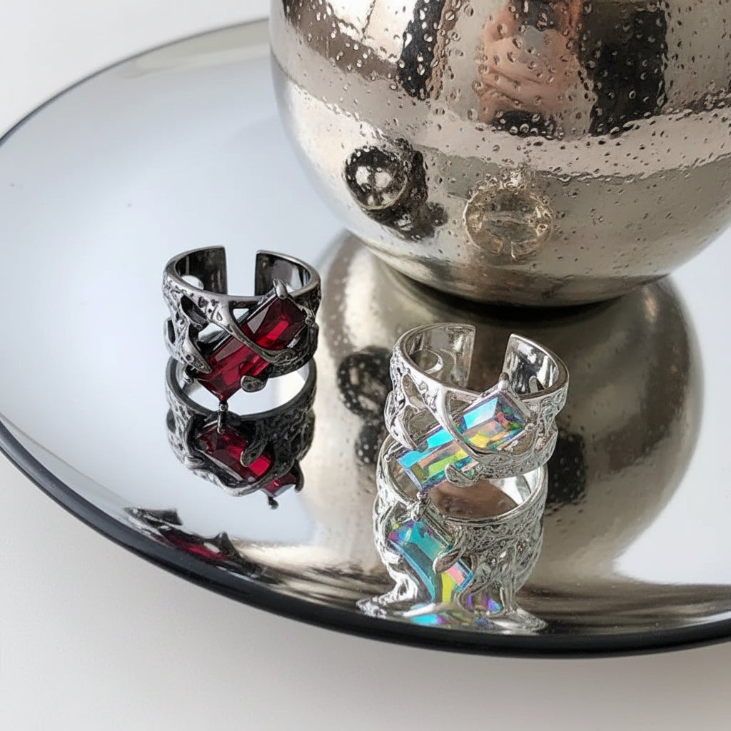 Punk Black Thorns Ring with Rhinestones | Open Adjustable Couple Ring
