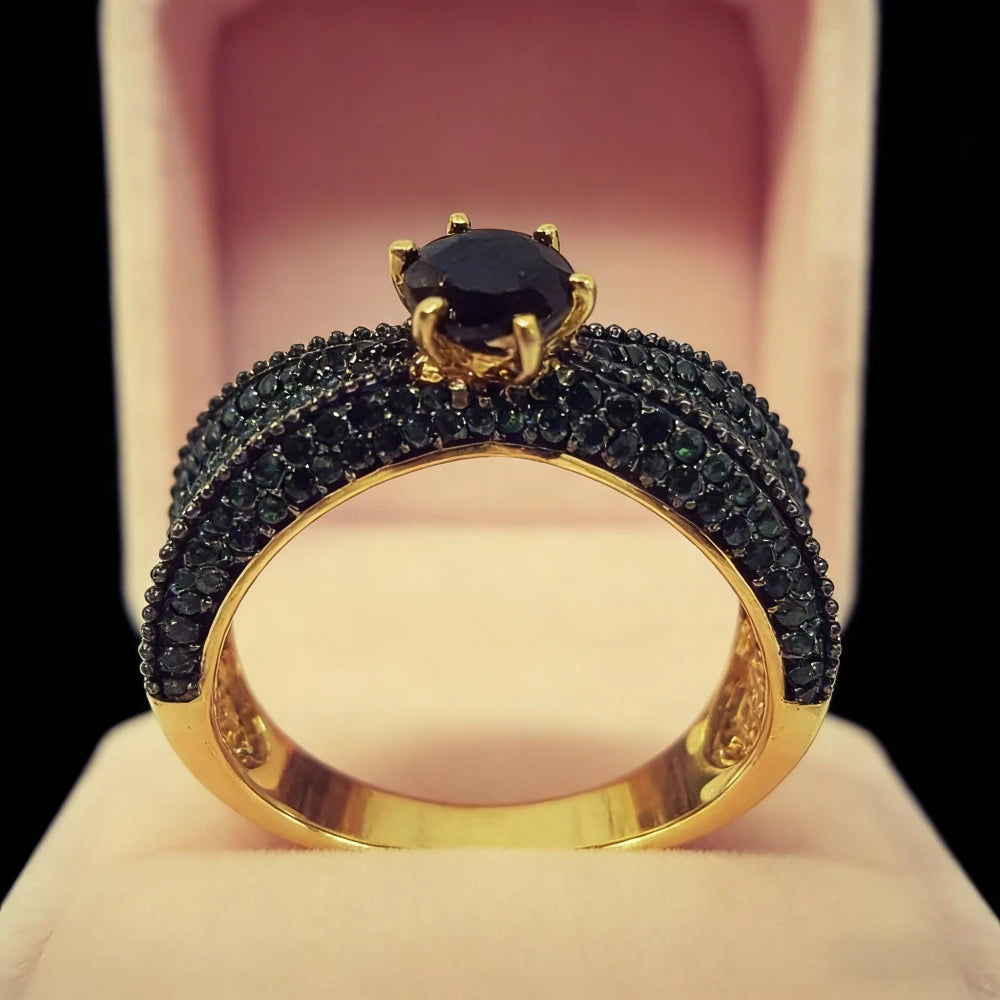 Luxury Gold & Black Stone Pavé Bridal Ring Set for Women