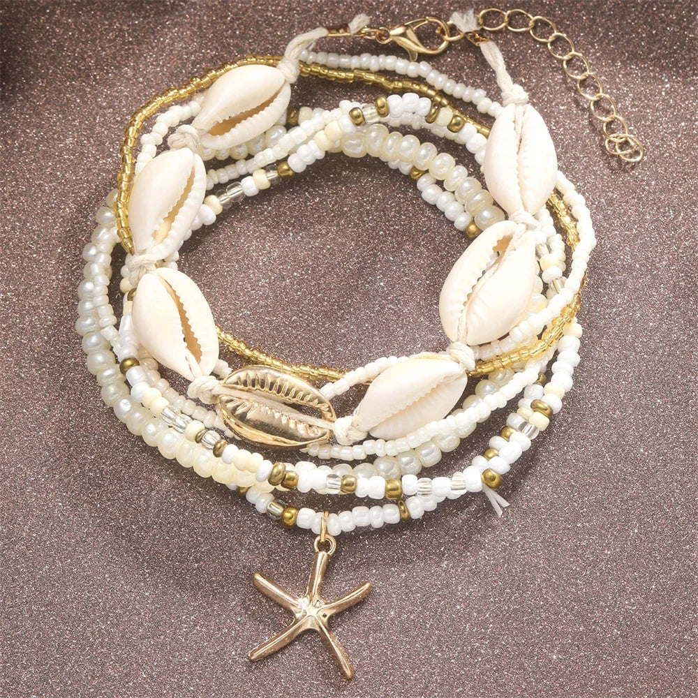 Fashion Summer Beach Starfish Shell Charm Rice Bead Anklet Set For Women