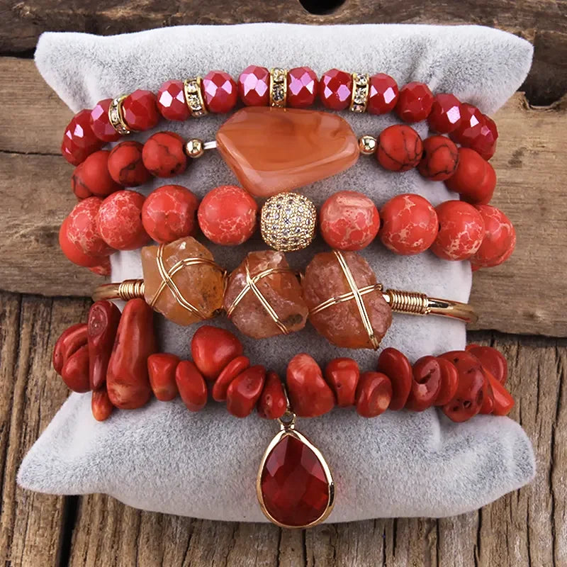 Natural Stone Beaded Bracelet Set - 5 Piece Bohemian Stack