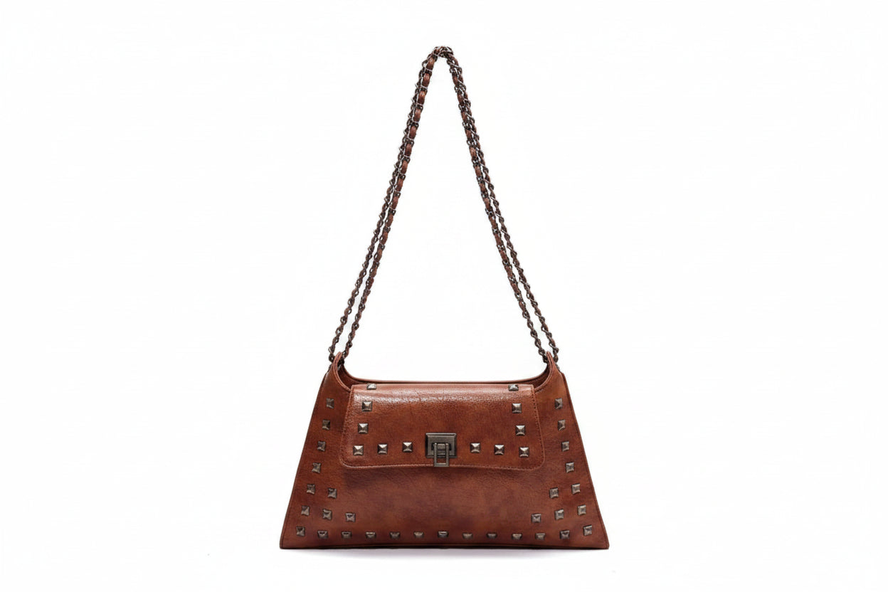 Punk Studded Envelope Shoulder Bag for Women | Rivet Chain Crossbody Handbag | Black & Chocolate
