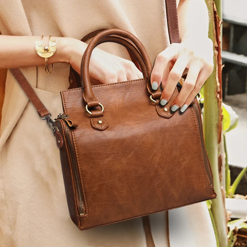 Retro Brown Simple Handbag Women Multi Layer Large Capacity Shoulder Bag Ladies Versatile Multi Function Commute Crossbody Bags