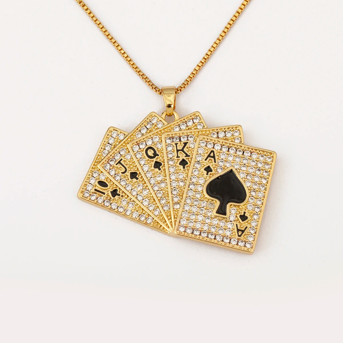 Gold Poker Playing Cards Pendant Necklace with Crystal Zircon
