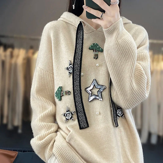 Autumn/Winter New Women's 100% Wool Cashmere Sweater Casual Thickened Hooded Collar Pullover Loose Korean Knitted Top