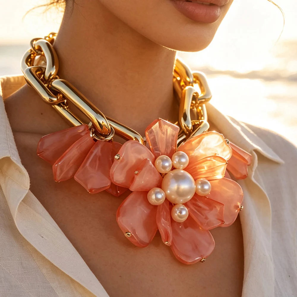 Statement Chain Flower Necklace Handmade for Women Trendy Wedding Party Jewelry