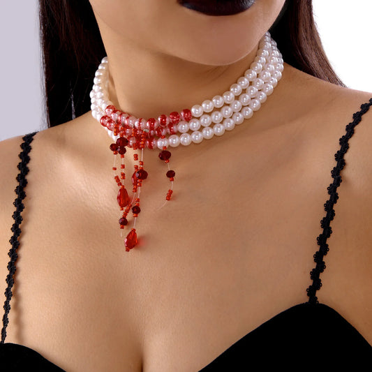 Halloween Faux Pearl Choker – Red Beaded Drops