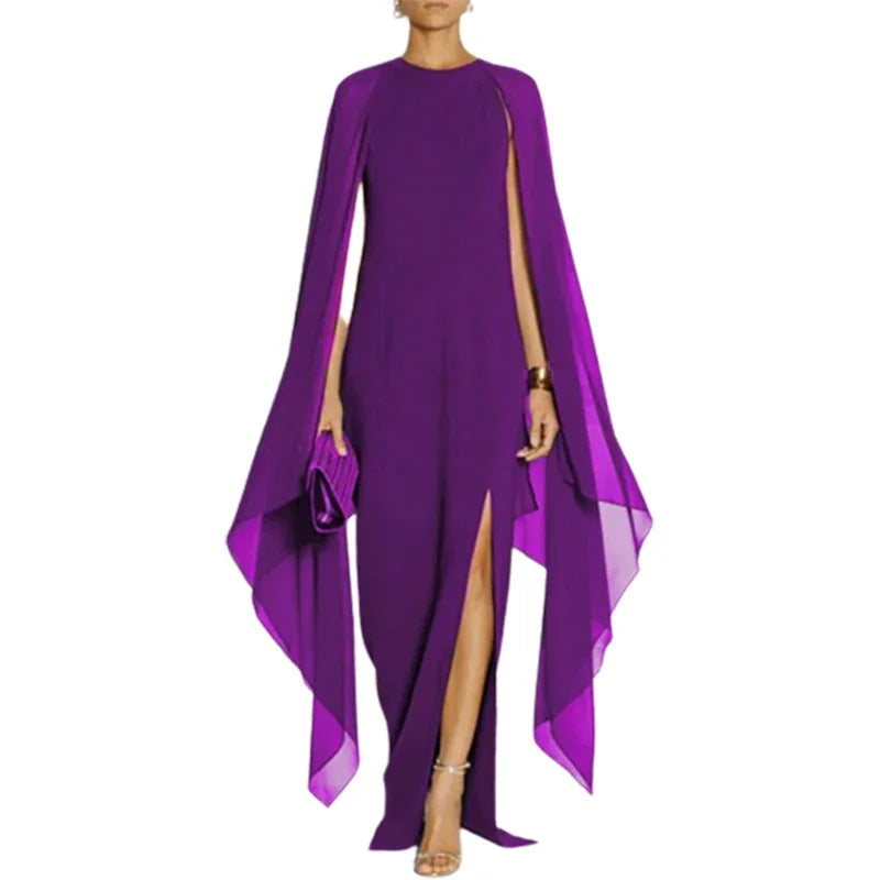 Elegant Cape Sleeves Purple Evening Dresses Solid Color Split-side Party Banquet Dress