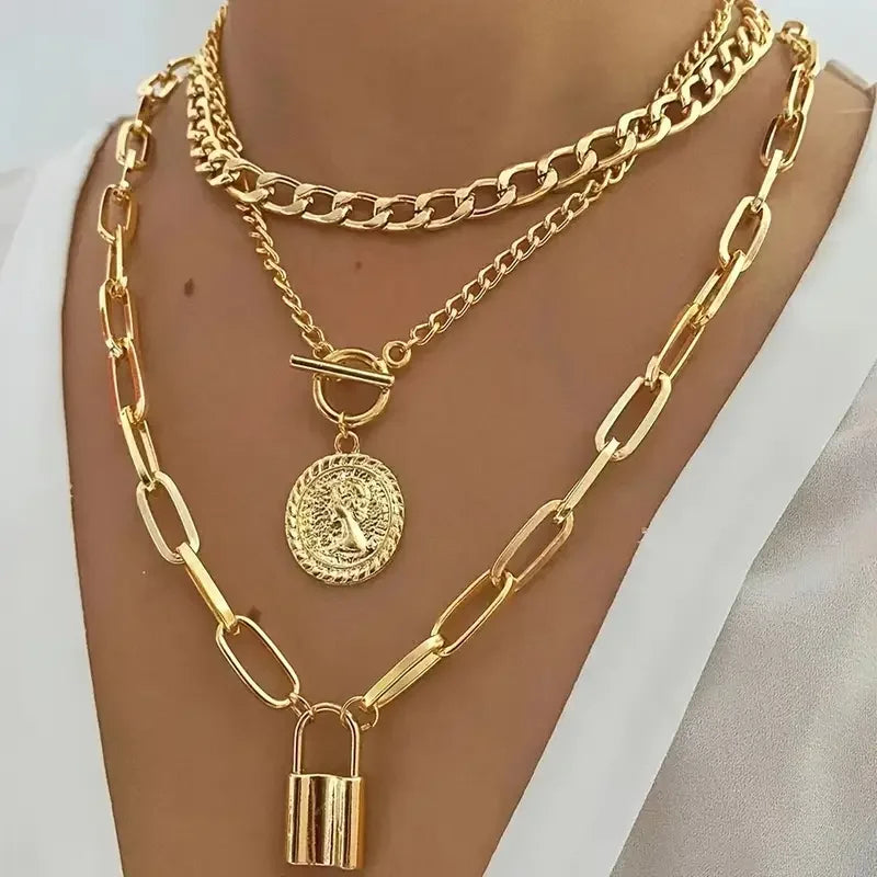 Women's 3-Piece Layered Gold Chain Necklace Set | Lock, Coin & Link Pendant
