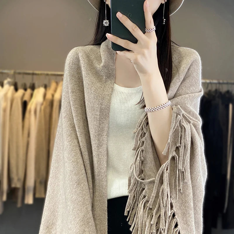 Knitted Cashmere Cardigan 100% Wool Sweater Women's Autumn/Winter New Solid Color Jacket Loose Korean Fashion Knitted Wool Shawl