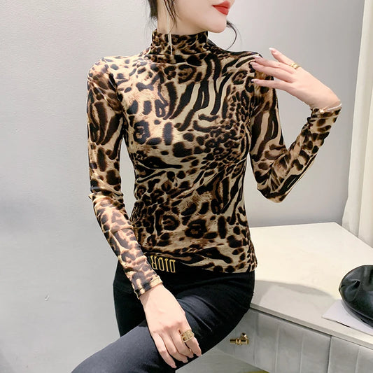 Fall Winter European Clothes Office T-Shirt Fashion Sexy Turtleneck Print Leopard Women's Tops Long Sleeve Tees 39217