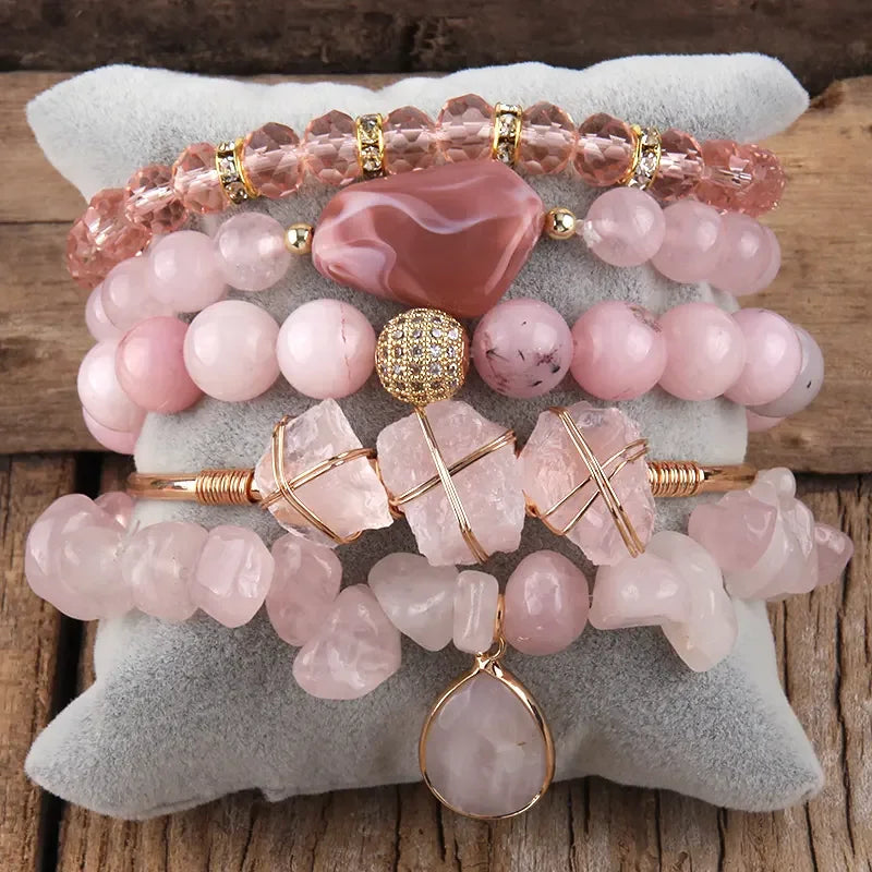 Natural Stone Beaded Bracelet Set - 5 Piece Bohemian Stack