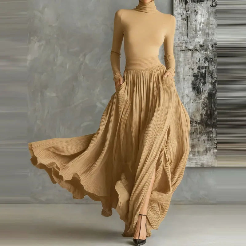 Elegant L/S Casual Turtleneck Pullover & Long Skirt Set with Pocket Solid Skirt