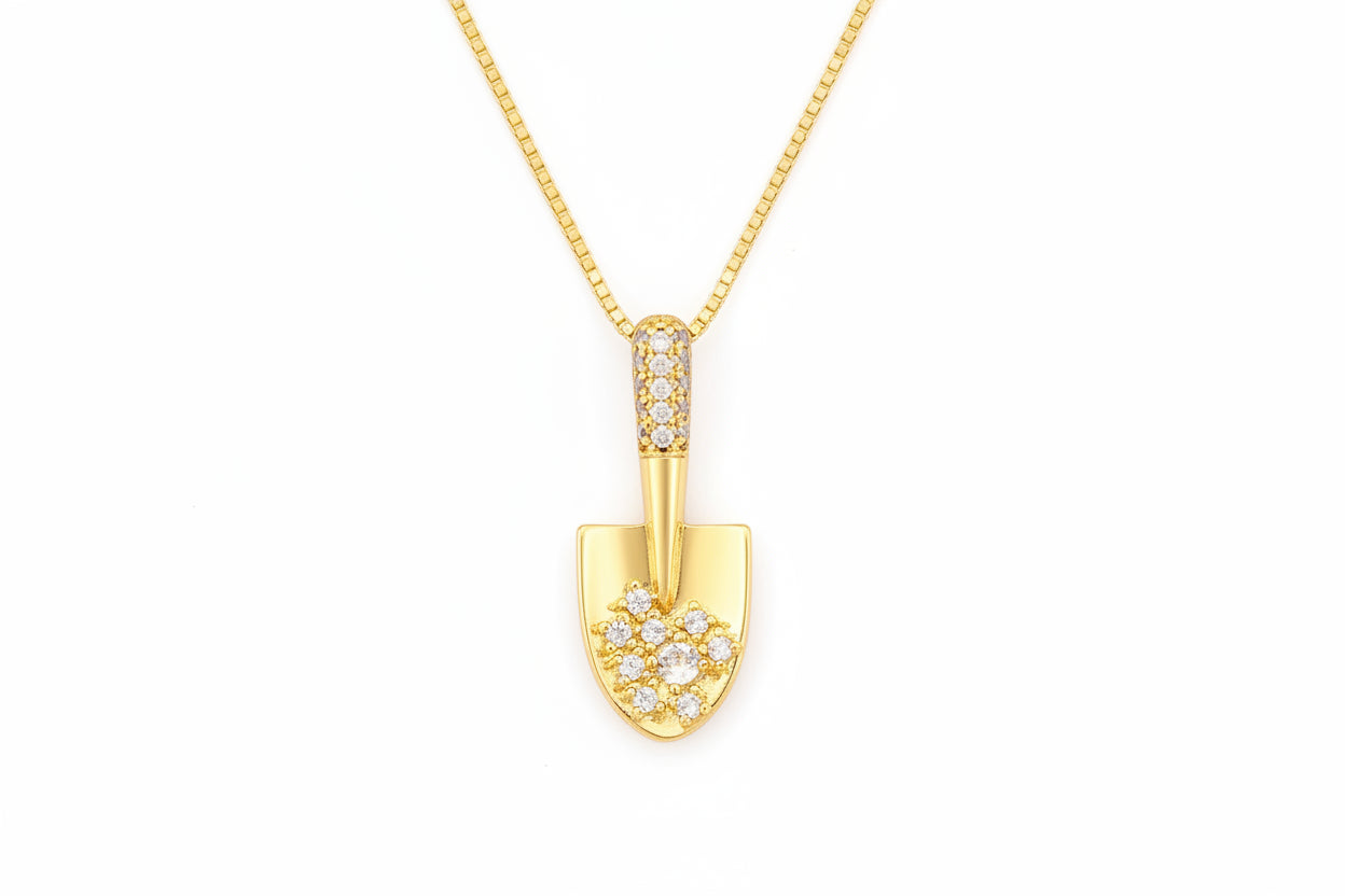 Gold Shovel Charm Pendant Necklace with Crystal Zircon