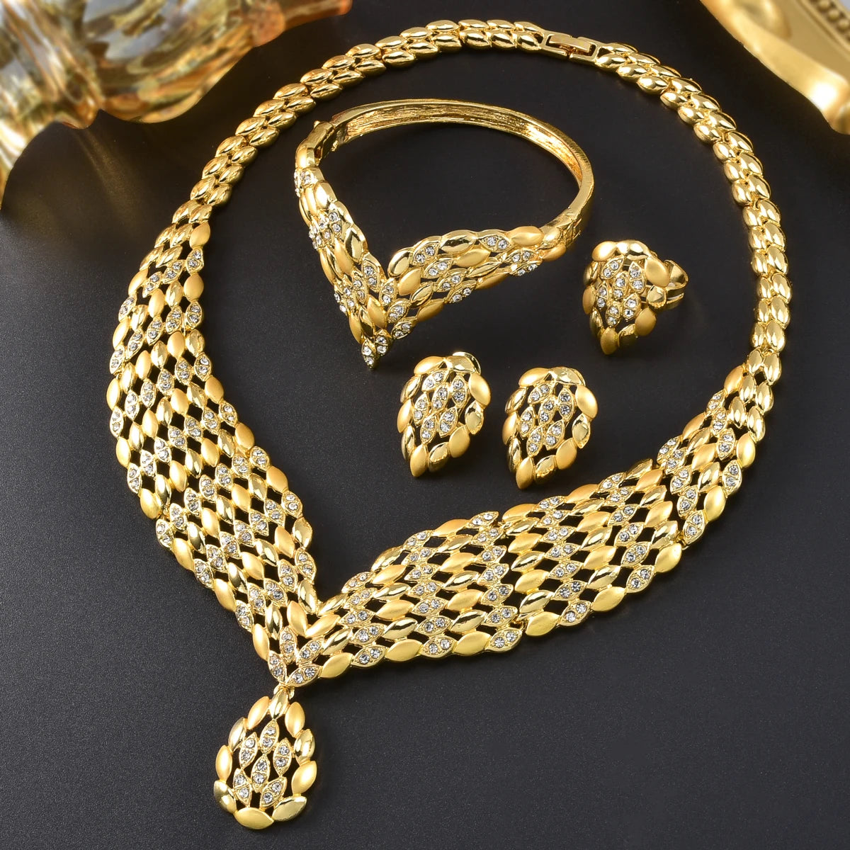 Luxury Gold-Plated 5-Piece Statement Jewelry Set – Necklace, Bracelet, Ring & Earrings