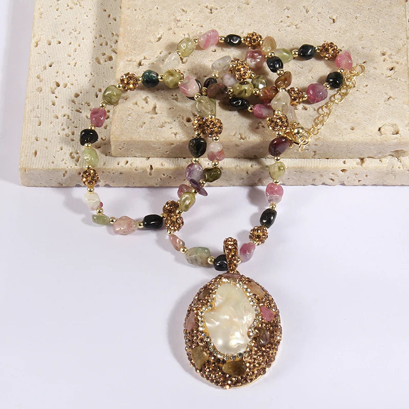 Fashion Bohemian Jewelry Accessory Multicolor Tourmaline stone and Crystal Baroque Pearl Pendant Necklaces For Women