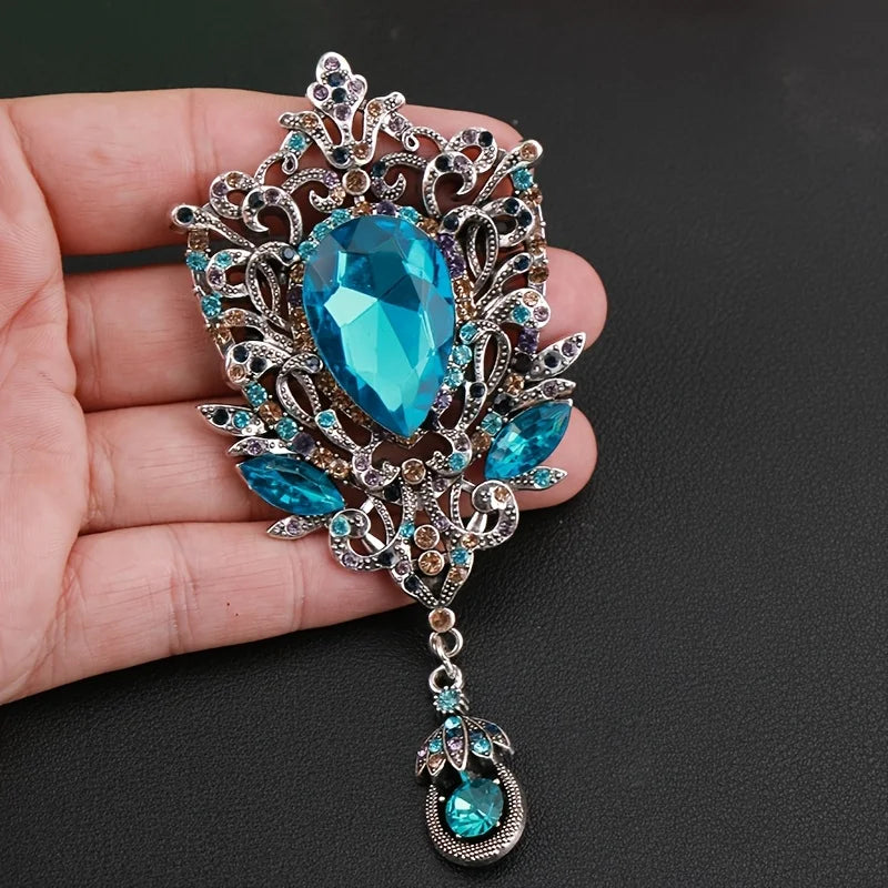 Women's Retro Crystal Teardrop Brooch – Rhinestone Pendant Pin