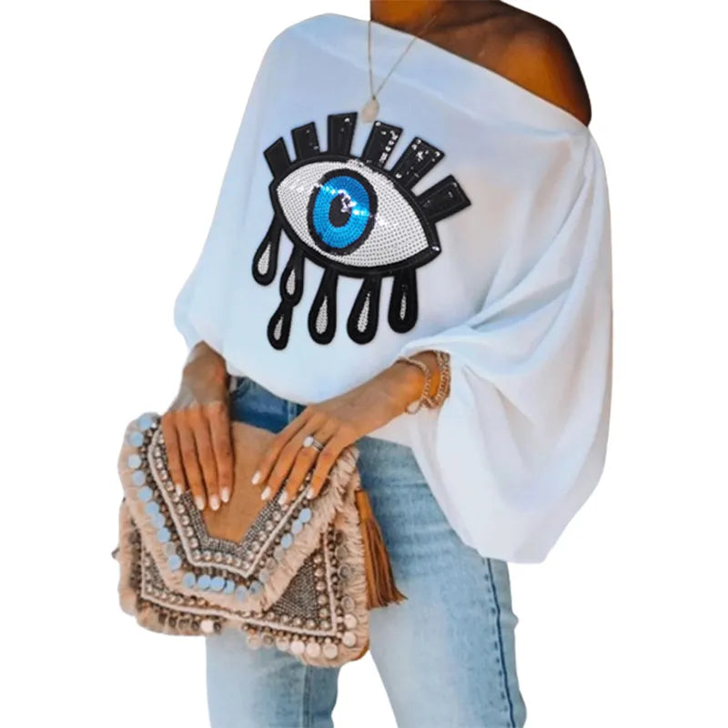 Female Fashion Causal Blue Eye Applique Cool Shoulder T-Shirts New Loose Long Puff Sleeves White Tops For Women