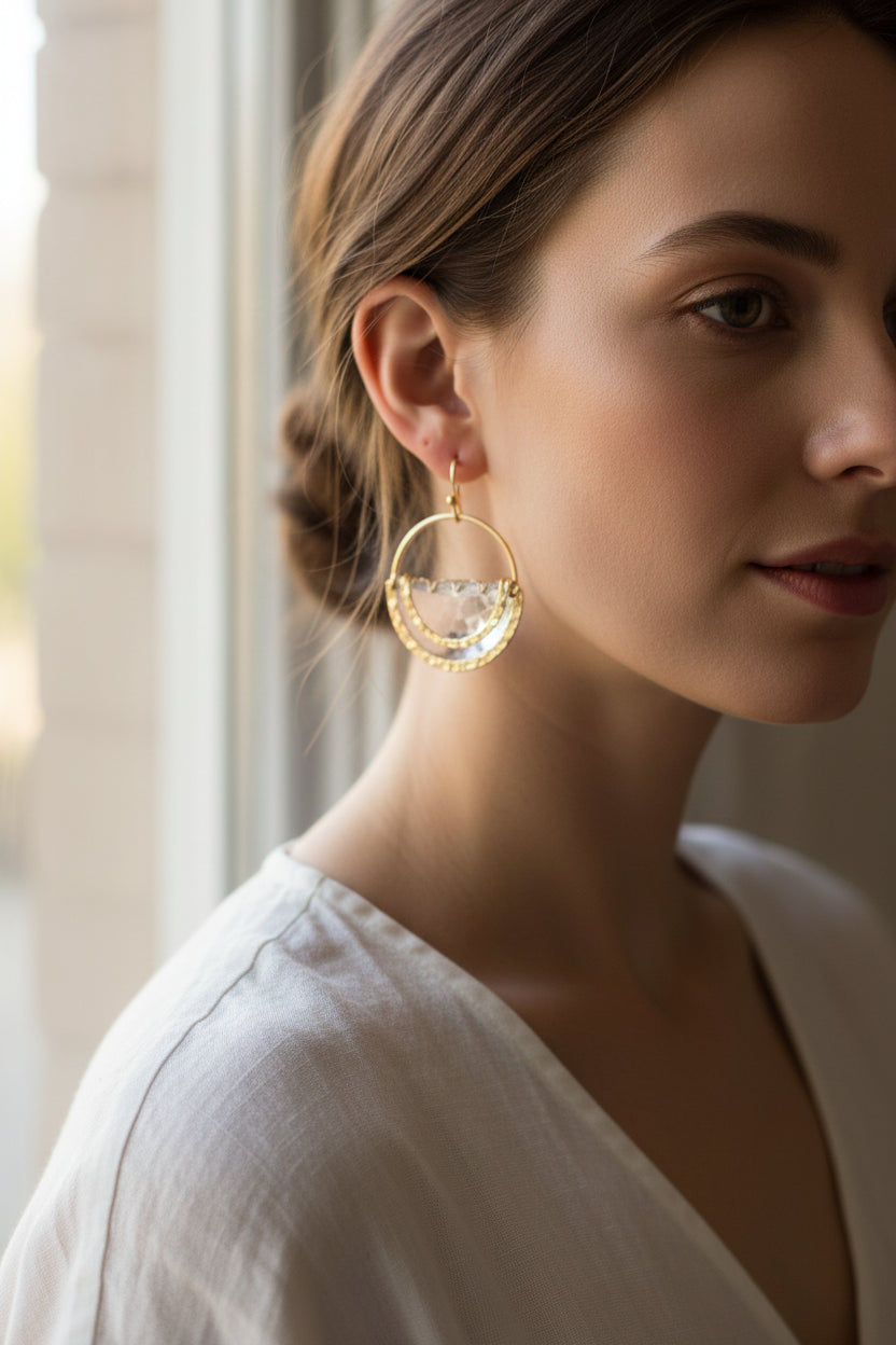 Gold Half-Moon Faceted Glass Hoop Earrings - Earnestly Yours | Hypoallergenic | Made in USA