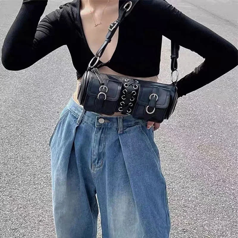 Y2K Punk Chain Crossbody Shoulder Bag for Women | PU Leather Harajuku Hobo Bag | 2 Styles