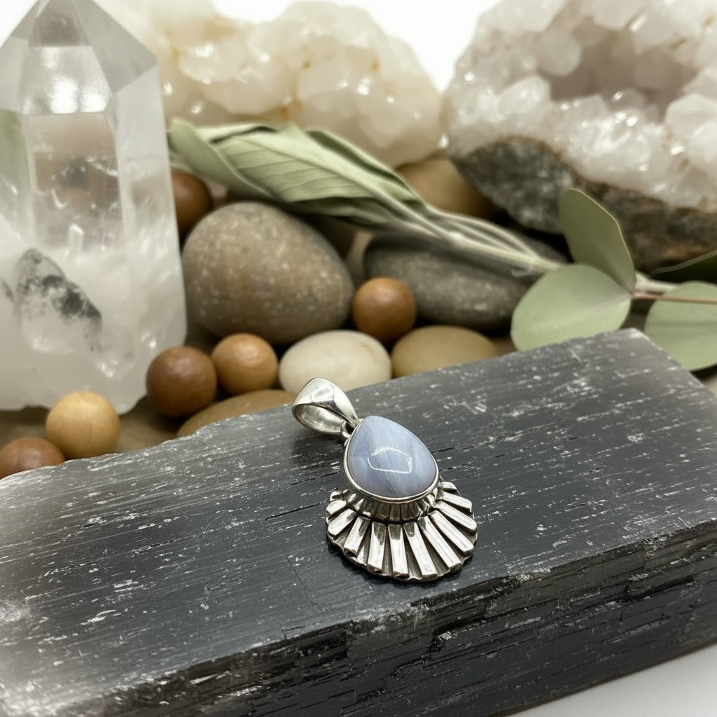 Blue Lace Agate Sterling Silver Pendant Necklace | 925 Silver | Natural Gemstone | Handmade