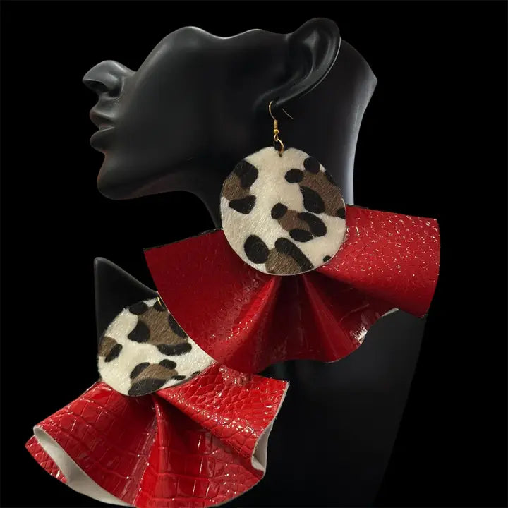 Red Croc Faux Leather Leopard Fur Ruffle Statement Earrings