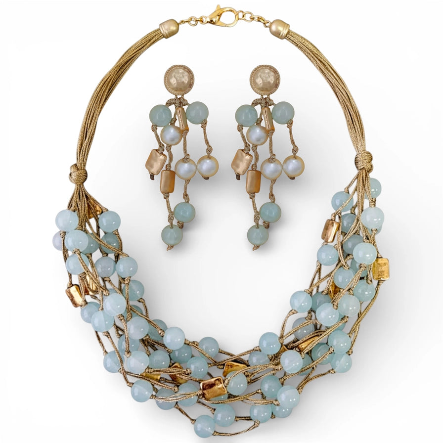 Chunky Blue Beaded Necklace & Earrings Matching Set | Boho