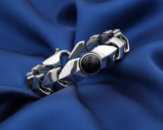 Men's Genuine Onyx Stainless Steel Bracelet | Black Stone | Hypoallergenic | Link Chain