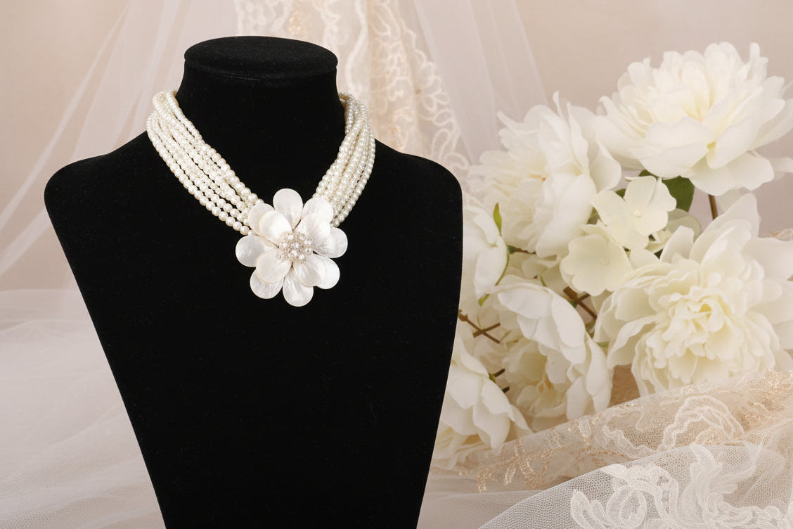 Zinnia Necklace - Mother of Pearl Flower Statement Necklace