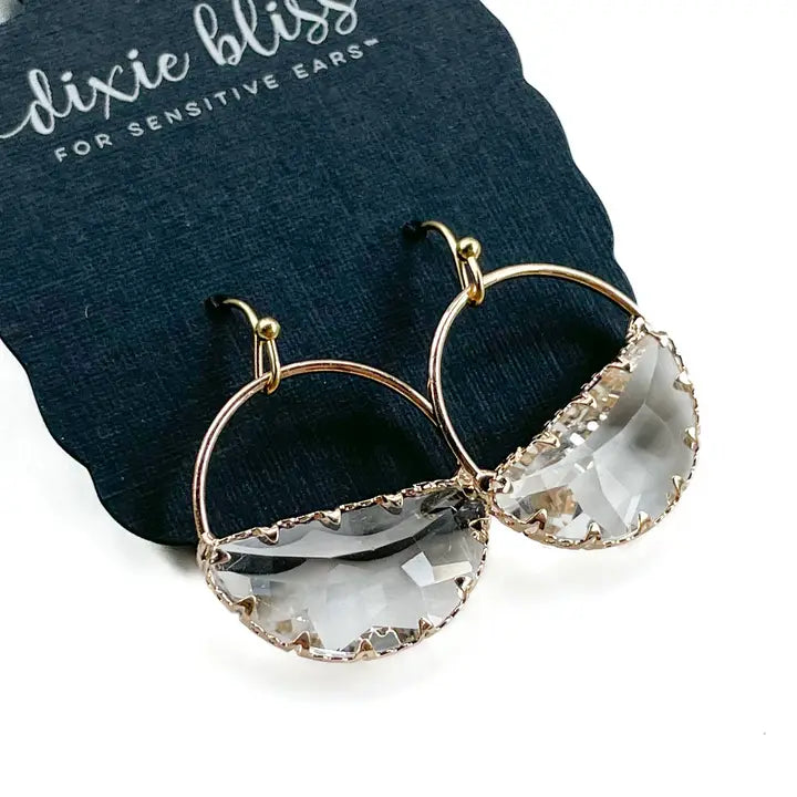 Gold Half-Moon Faceted Glass Hoop Earrings - Earnestly Yours | Hypoallergenic | Made in USA