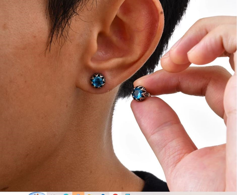Men's Sea Blue Crystal Stud Earrings – Hypoallergenic Stainless Steel